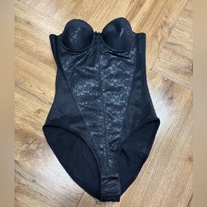 Black Lace-Panel Shaping Bodysuit with Built-In Cups